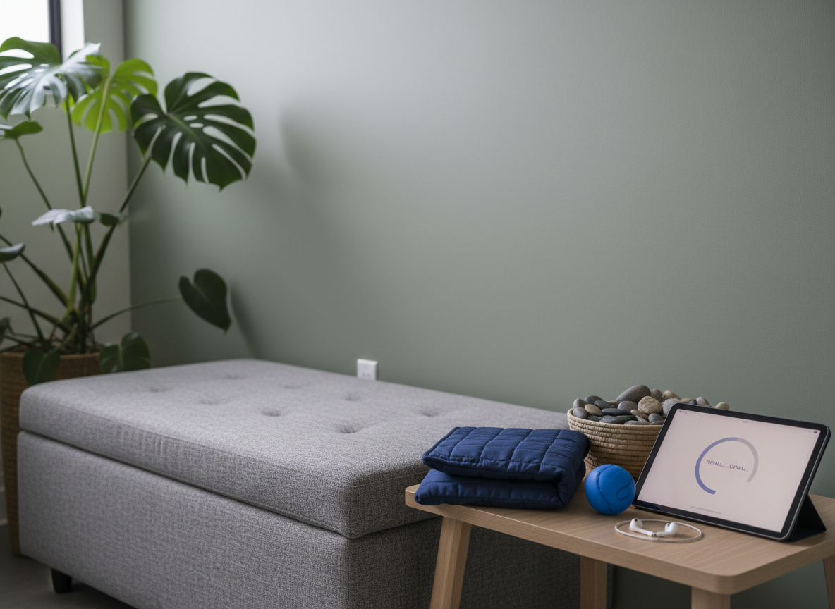 A trauma-informed relaxation nook designed for grounding, with a low, cushioned bench covered in soft, heather-gray fabric and set against a muted sage-green wall. On a nearby side table rests a set of sensory tools: a weighted lap pad neatly folded, a small basket of smooth tactile stones, a stress ball, and earbuds coiled beside a tablet displaying a calm breathing exercise interface. A large, leafy plant partially frames the scene on the left. Indirect natural daylight from a high window creates an even, diffused illumination with barely-there shadows, enhancing the sense of psychological safety. Photographic realism with a close, intimate framing and shallow depth of field focuses attention on the grounding tools while the background gently blurs.
