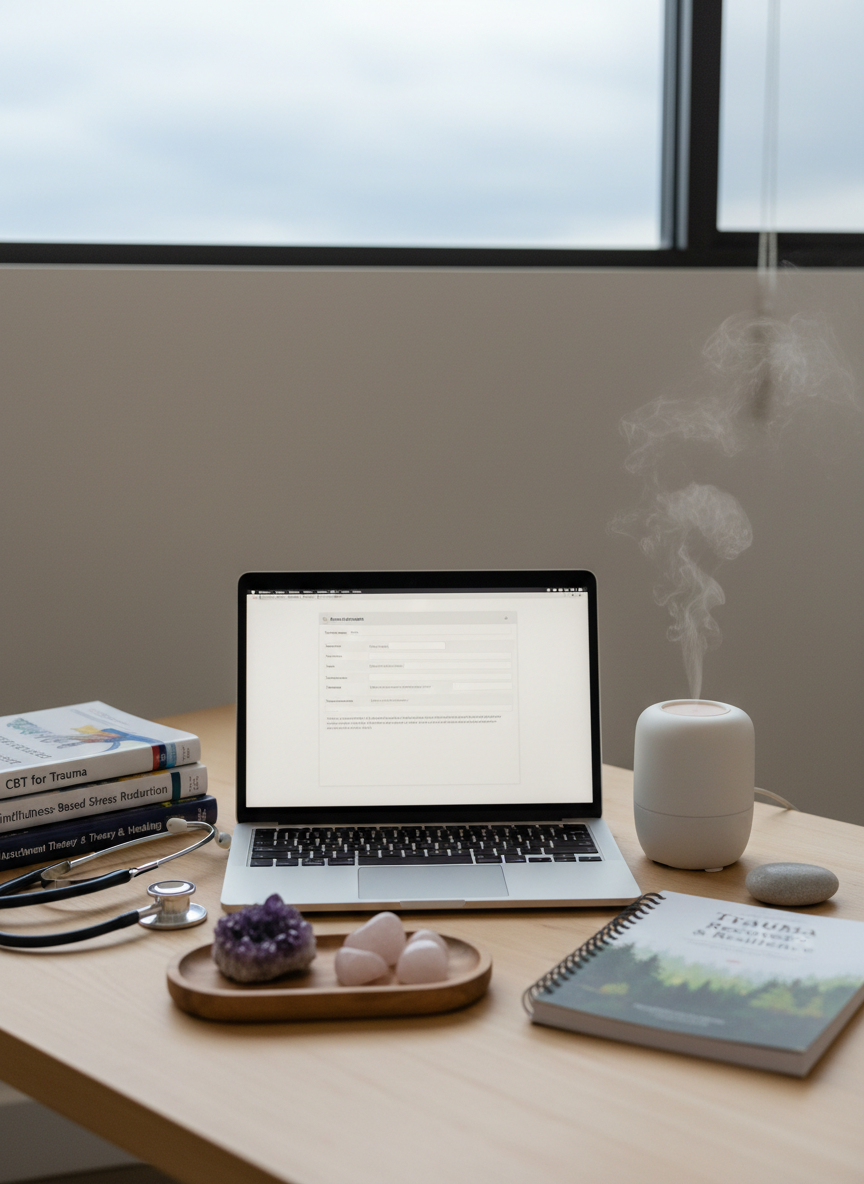 A neatly organized therapist’s desk blending clinical professionalism and holistic care, featuring a laptop displaying a blank assessment form, a stethoscope resting beside a stack of evidence-based therapy manuals, and a small cluster of polished amethyst and rose quartz crystals on a wooden tray. A ceramic diffuser emits a faint, visible mist beside a spiral-bound trauma workbook and a smooth, river-stone worry stone. The desk sits near a window where soft, overcast daylight bathes the scene, producing subtle reflections on the laptop screen and a calm, neutral shadow on the matte white wall behind. Photographic realism from a three-quarter angle, with moderate depth of field, conveys a grounded, trustworthy, science-informed yet holistic practice environment.